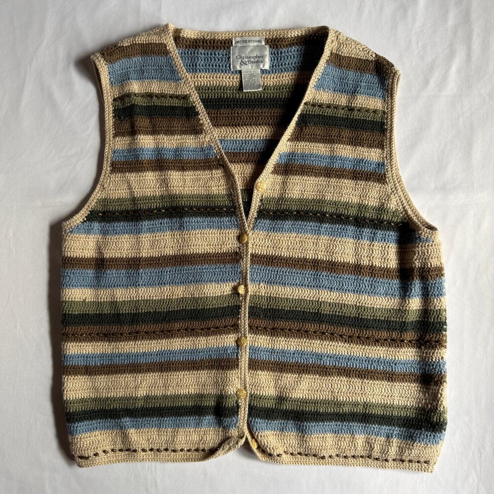 Christopher & Banks Hand Knit Striped Sweater Vest Large Earthy Grandpa Coastal